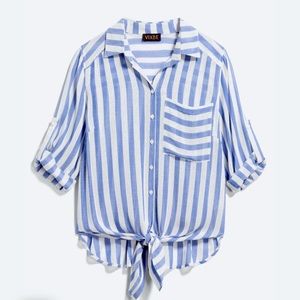 Like New!  Blue and White Striped Vibxe Thompson Tie Front Top - Large
